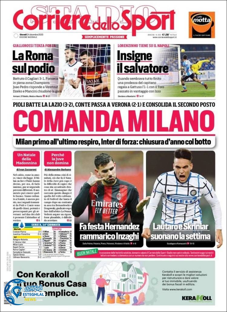 روزنامه ورزشی کوریره دلو اسپورت جمعه 5 دی 1399