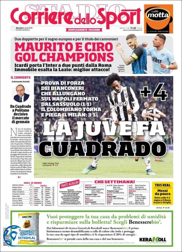 روزنامه ورزشی کوریره دلو اسپورت دوشنبه 13 فروردین 1397