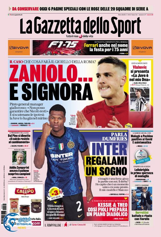 روزنامه ورزشی گاتزتا دلو اسپورت چهارشنبه 13 بهمن 1400