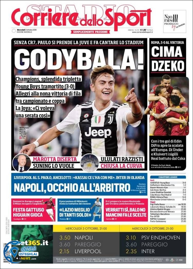 روزنامه ورزشی کوریره دلو اسپورت چهارشنبه 11 مهر 1397