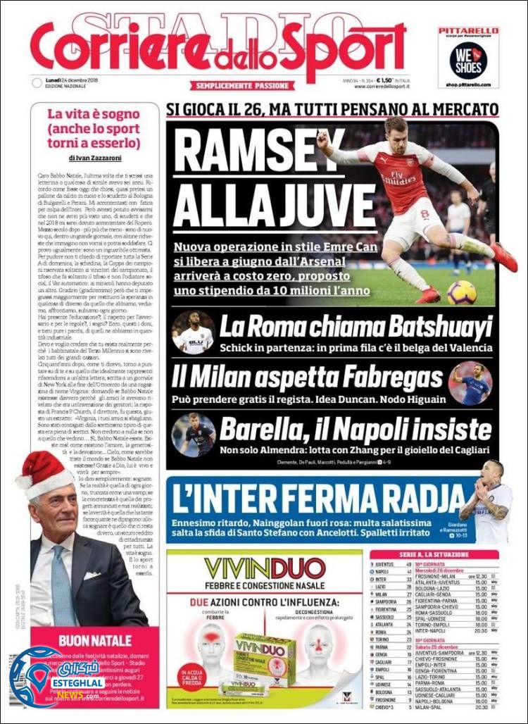 روزنامه ورزشی کوریره دلو اسپورت دوشنبه 3 دی 1397