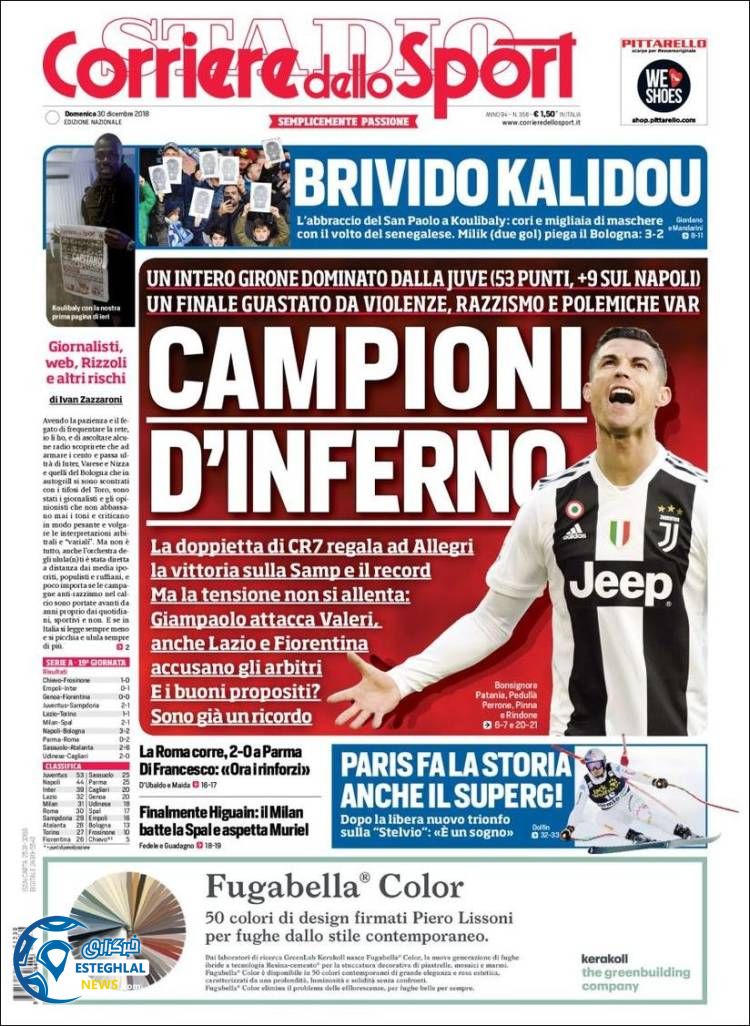 روزنامه ورزشی کوریره دلو اسپورت یکشنبه 9 دی 1397