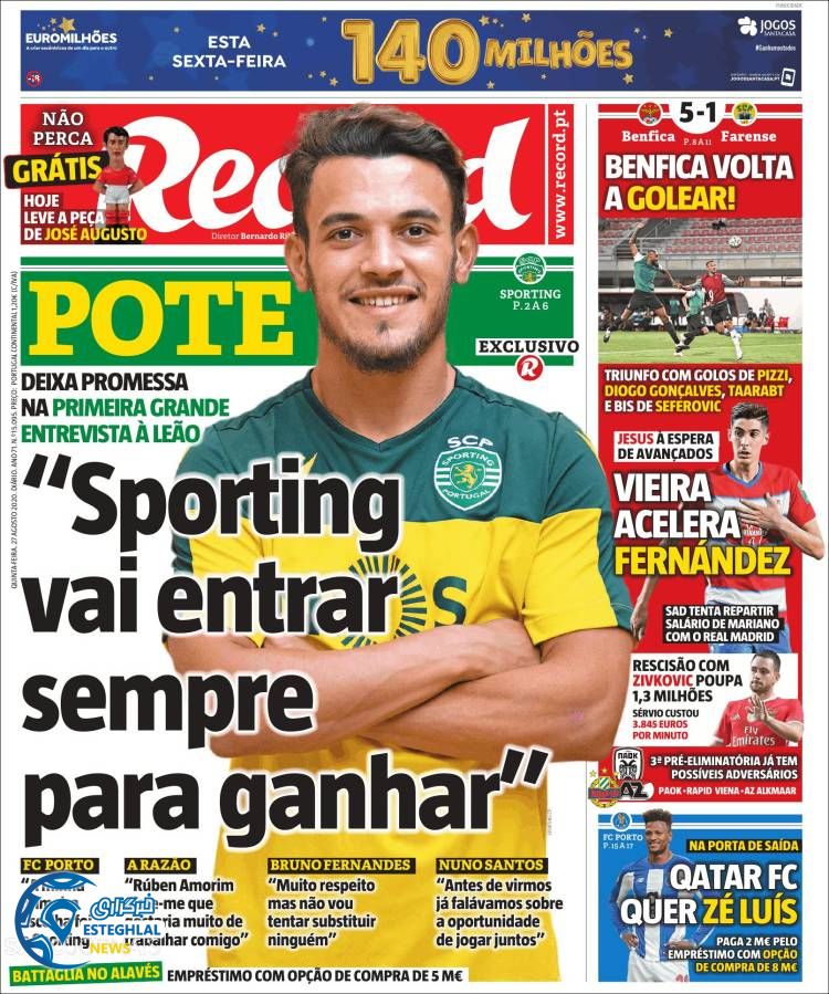 روزنامه ورزشی رکورد پنجشنبه 6 شهریور 1399