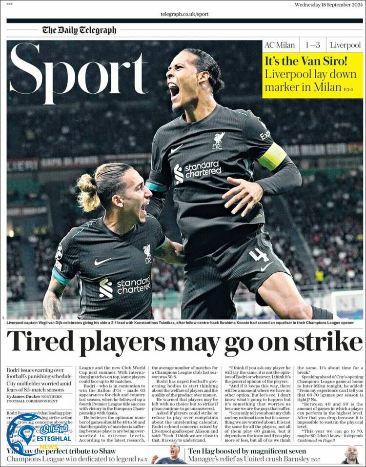 روزنامه  ورزشی تلگراف اسپورت چهارشنبه 28 شهریور 1403 