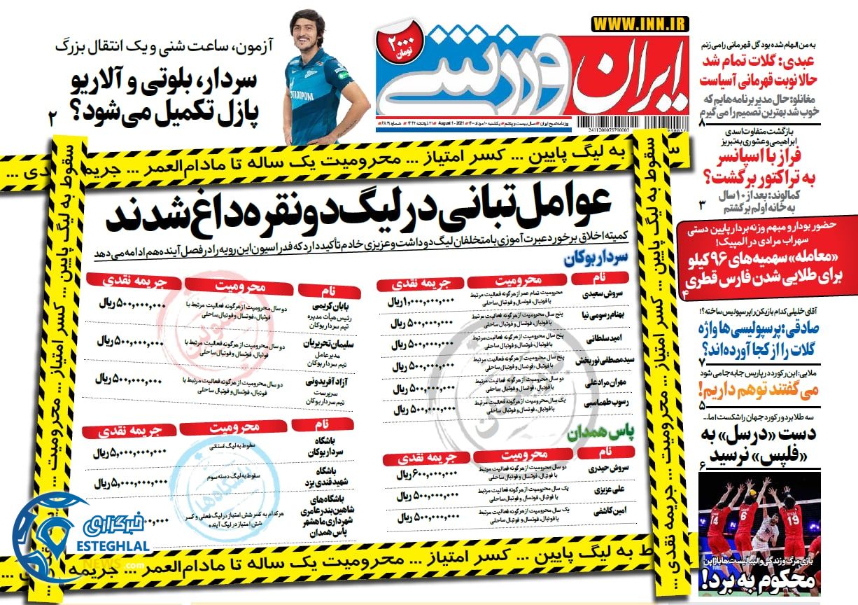 روزنامه ایران ورزشی یکشنبه 10 مرداد 1400      