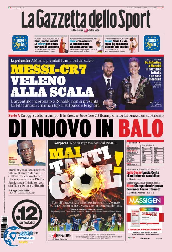 روزنامه ورزشی گاتزتا دلو اسپورت سه شنبه 2 مهر 1398