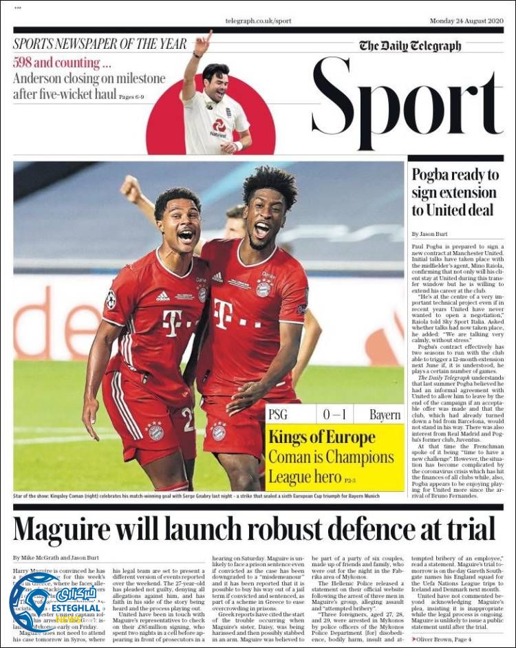 روزنامه ورزشی تلگراف اسپورت دوشنبه 3 شهریور 1399