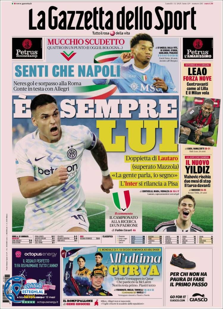 روزنامه  ورزشی گاتزتا دلو اسپورت دوشنبه 10 آذر 1404  