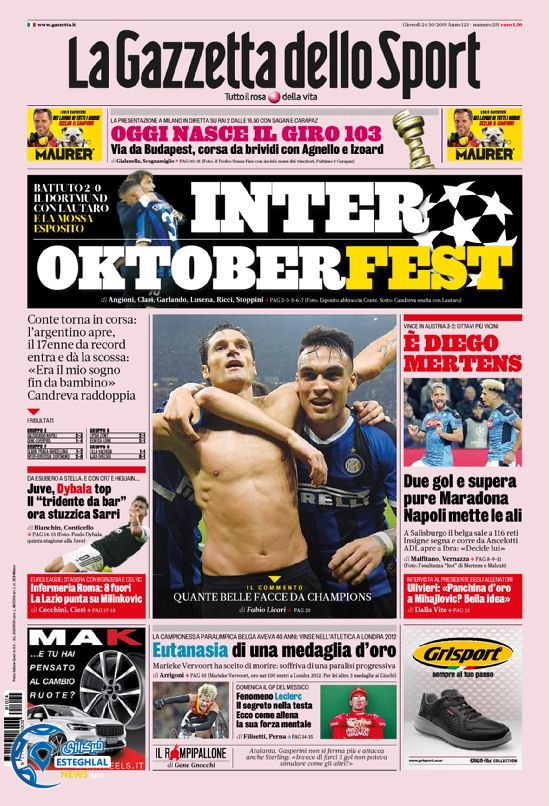 روزنامه ورزشی گاتزتا دلو اسپورت پنجشنبه 2 آبان 1398