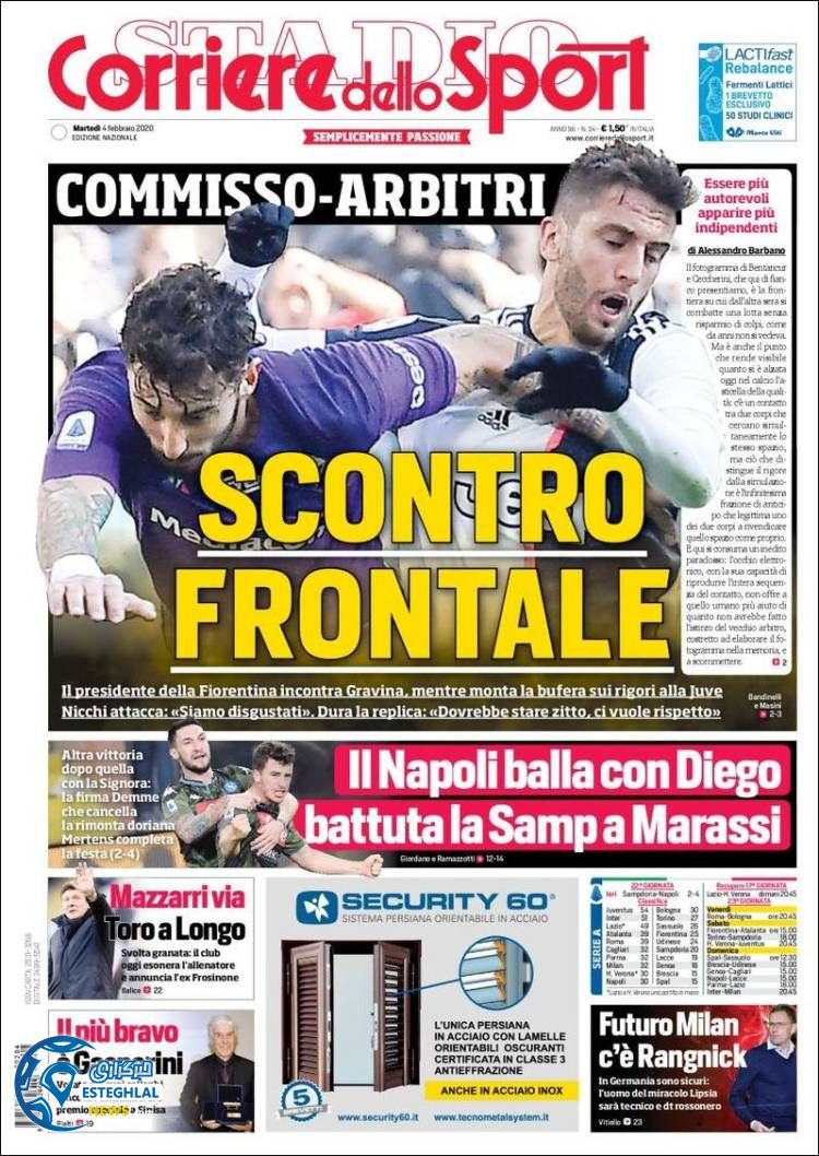 روزنامه ورزشی کوریره دلو اسپورت سه شنبه 15 بهمن 1398