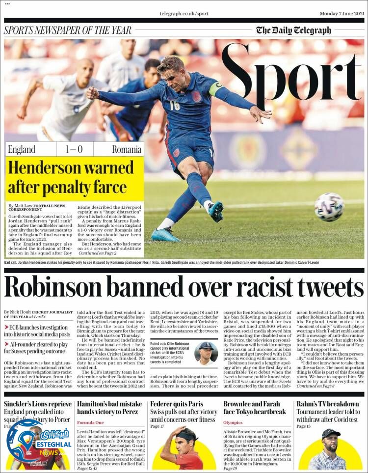 روزنامه ورزشی تلگراف اسپورت دوشنبه 17 خرداد 1400