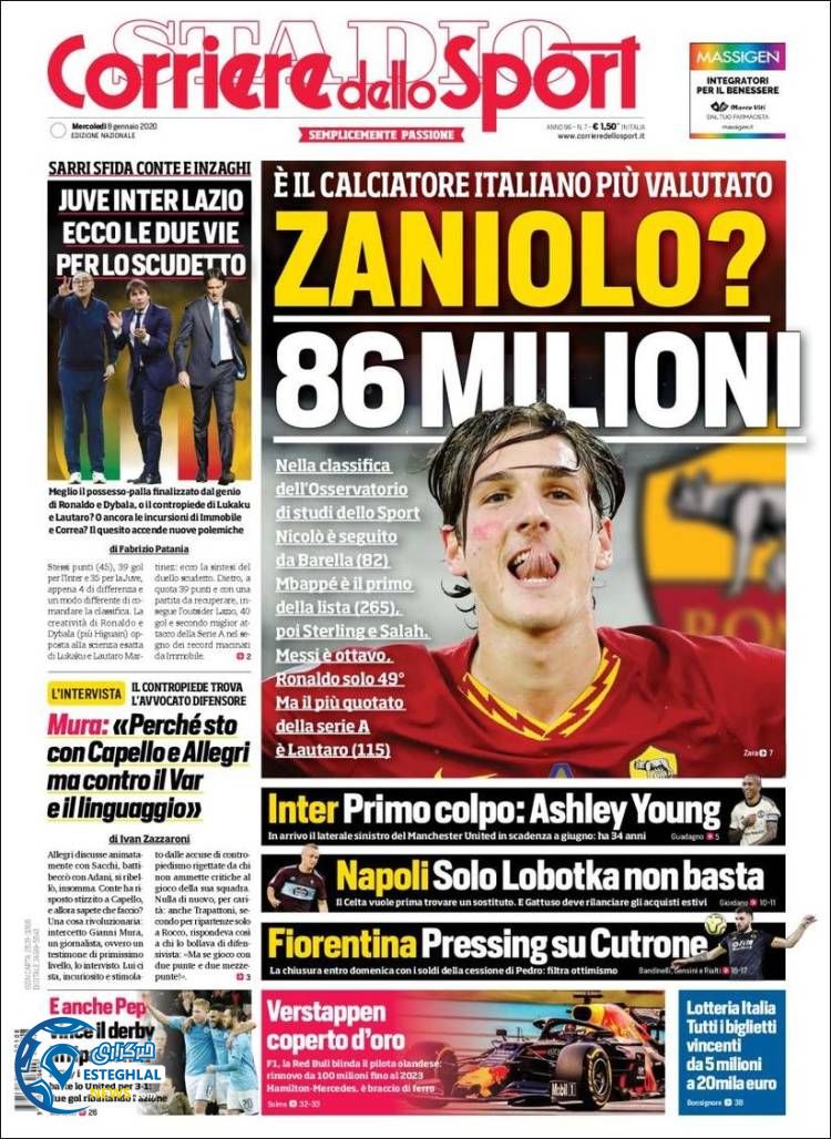 روزنامه ورزشی کوریره دلو اسپورت چهارشنبه 18 دی 1398