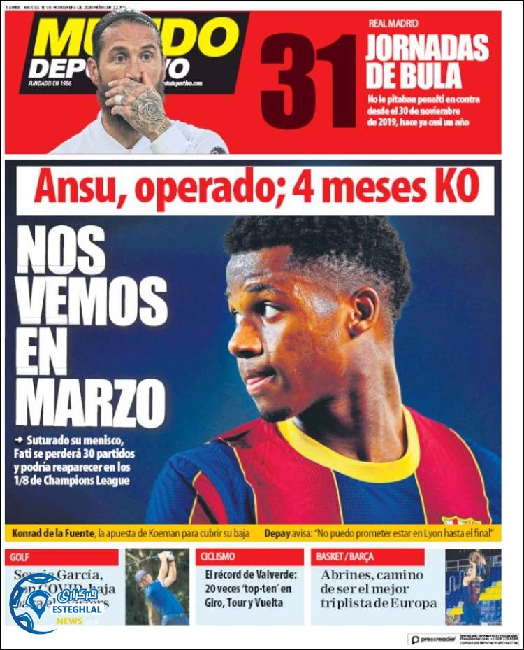 روزنامه ورزشی موندو دپورتیوو سه شنبه 20 آبان 1399