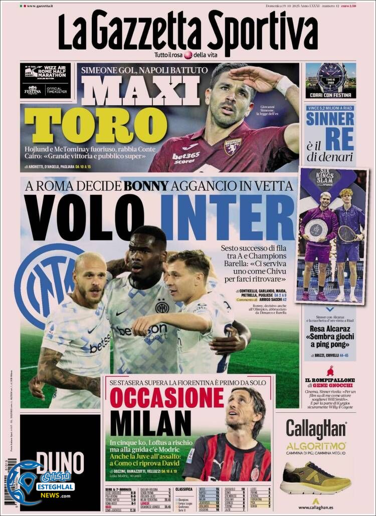 روزنامه ورزشی گاتزتا دلو اسپورت  یکشنبه 27 مهر 1404 