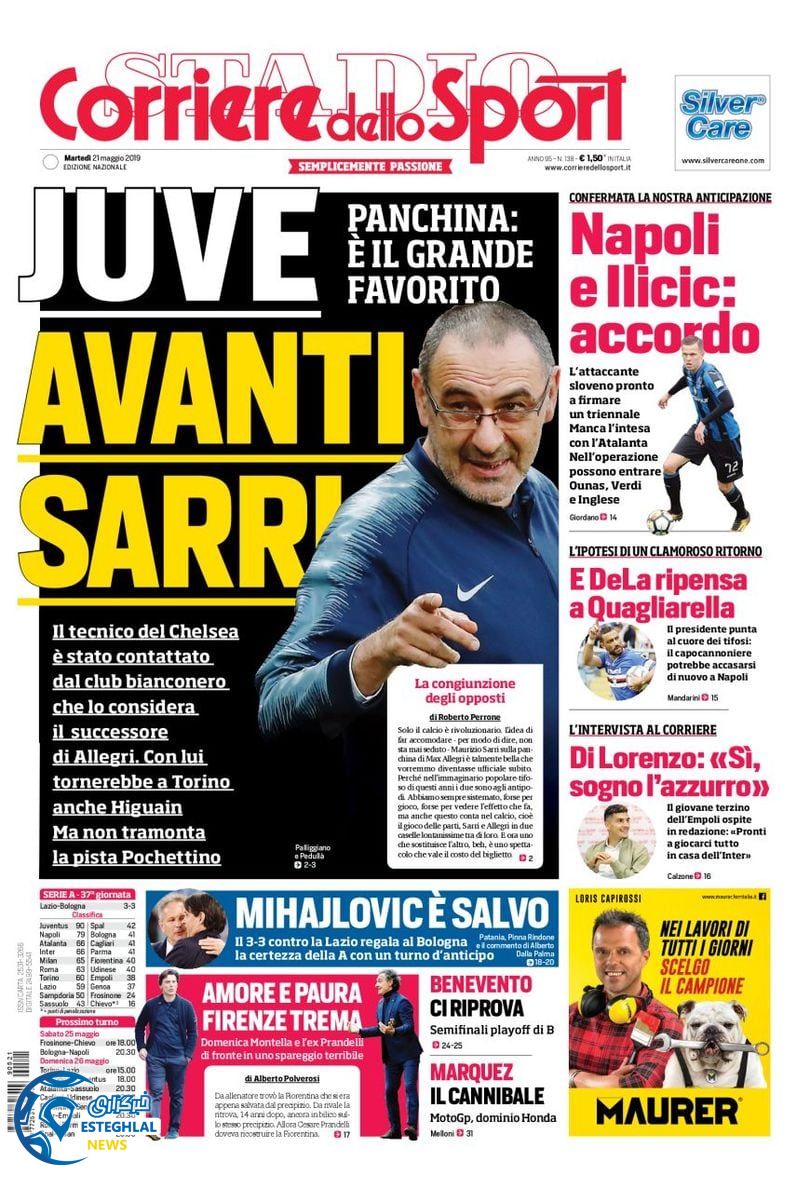 روزنامه ورزشی کوریره دلو اسپورت سه شنبه 31 اردیبهشت 1398