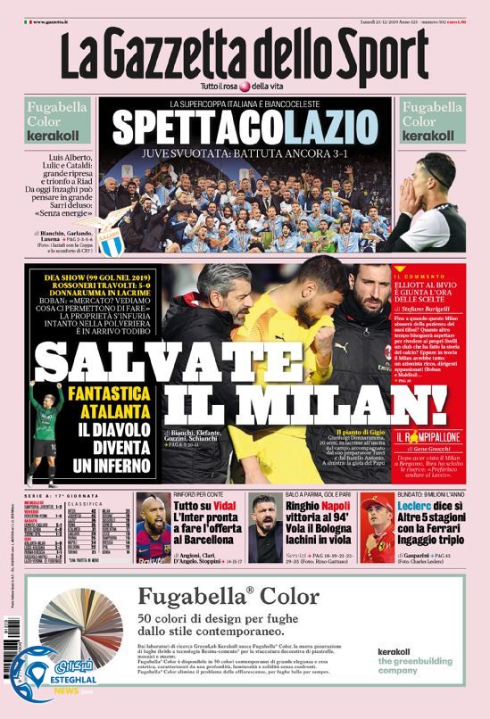 روزنامه ورزشی گاتزتا دلو اسپورت دوشنبه 2 دی 1398