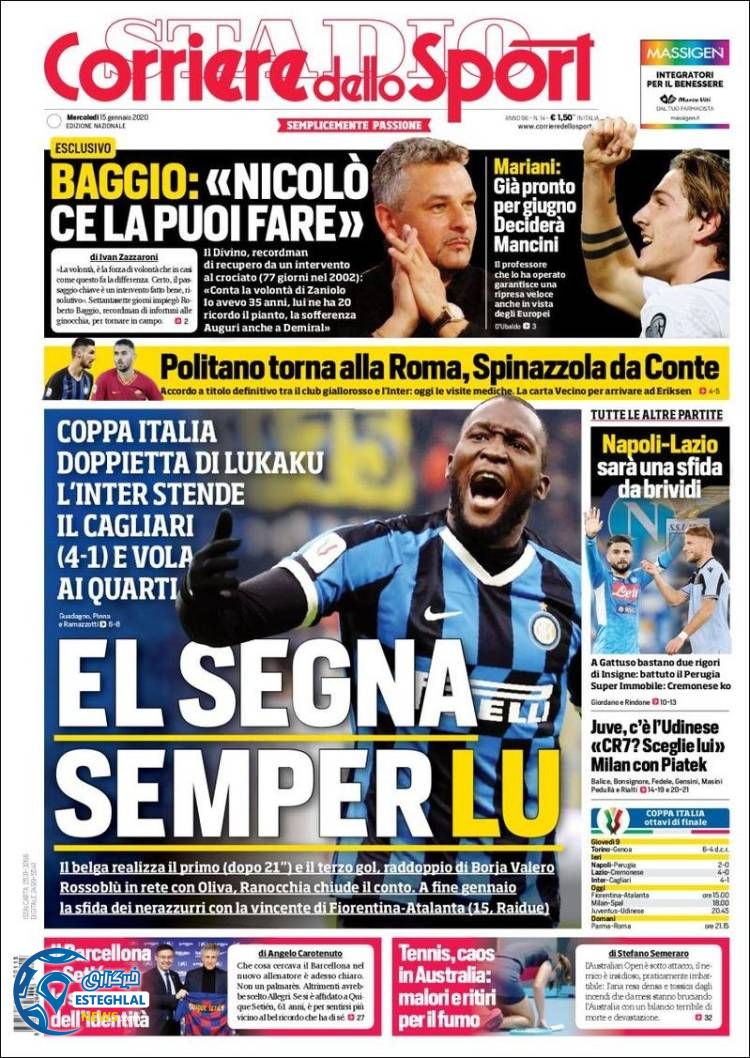 روزنامه ورزشی کوریره دلو اسپورت چهارشنبه 25 دی 1398