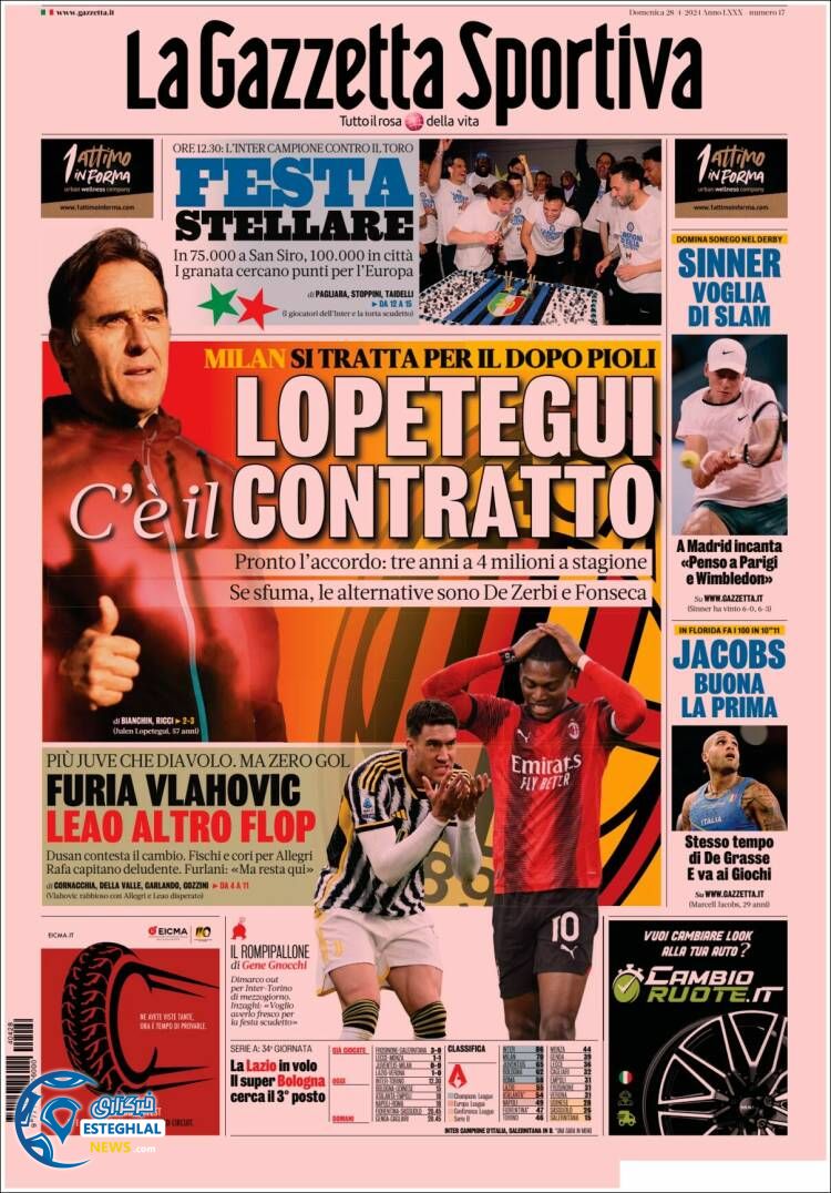 روزنامه ورزشی گاتزتا دلو اسپورت یکشنبه 9 اردیبهشت 1403 