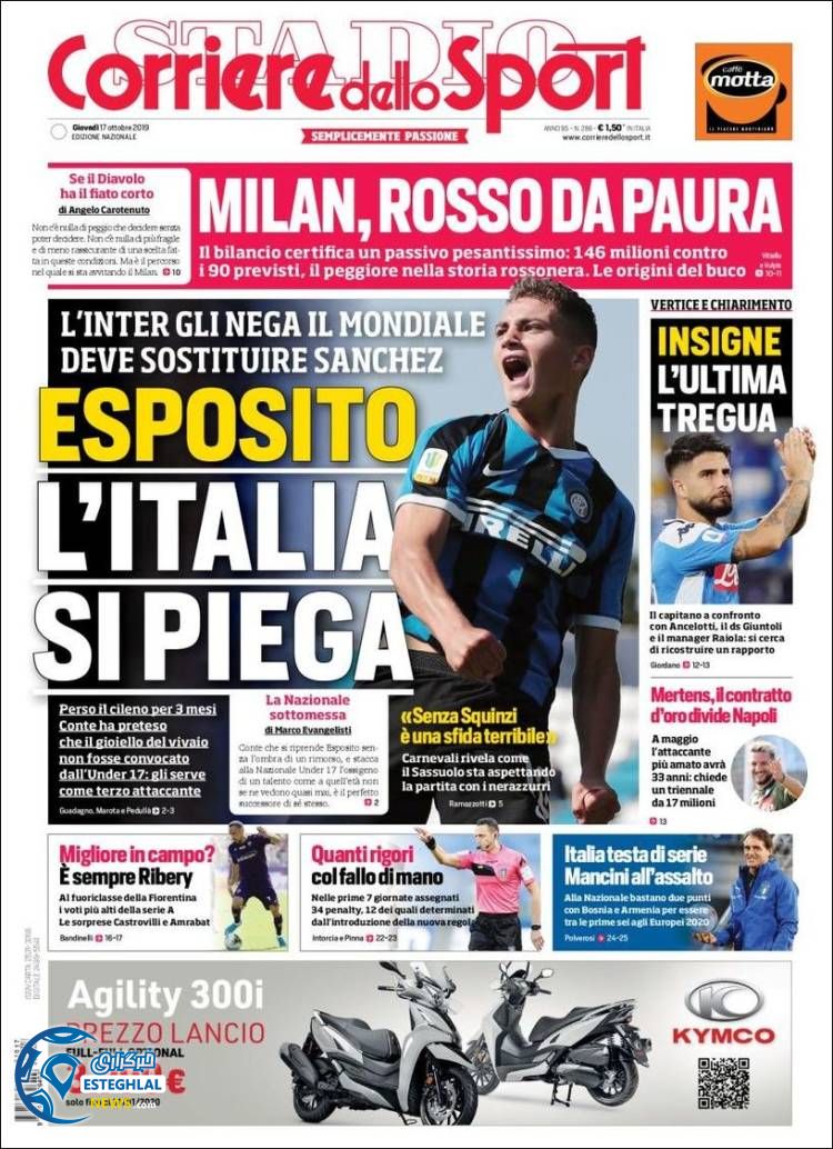 روزنامه ورزشی کوریره دلو اسپورت پنجشنبه 25 مهر 1398