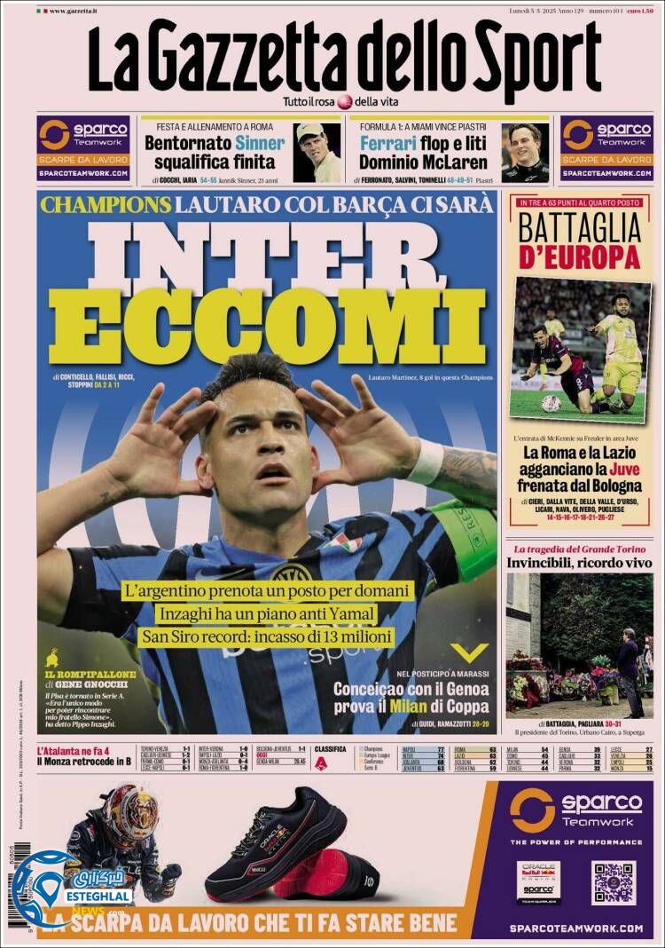 روزنامه ورزشی گاتزتا دلو اسپورت دوشنبه 15 اردیبهشت 1404 