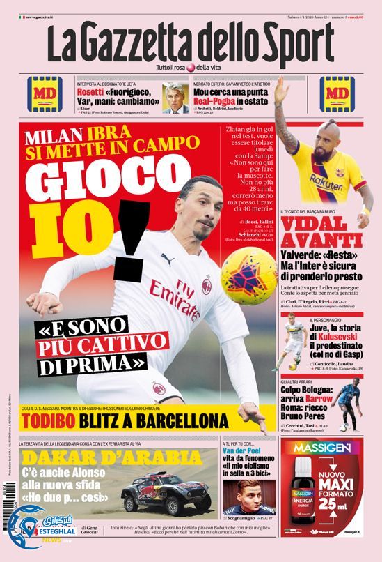 روزنامه ورزشی گاتزتا دلو اسپورت شنبه 14 دی 1398