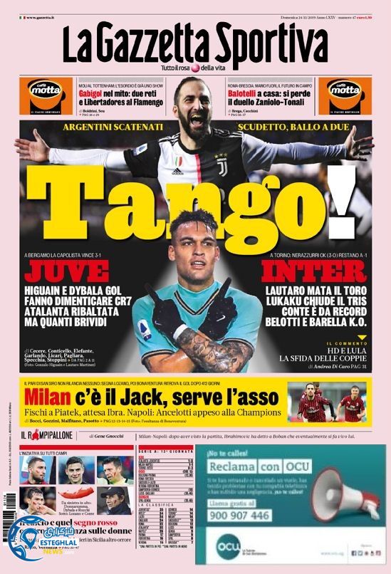 روزنامه ورزشی گاتزتا دلو اسپورت یکشنبه 3 آذر 1398