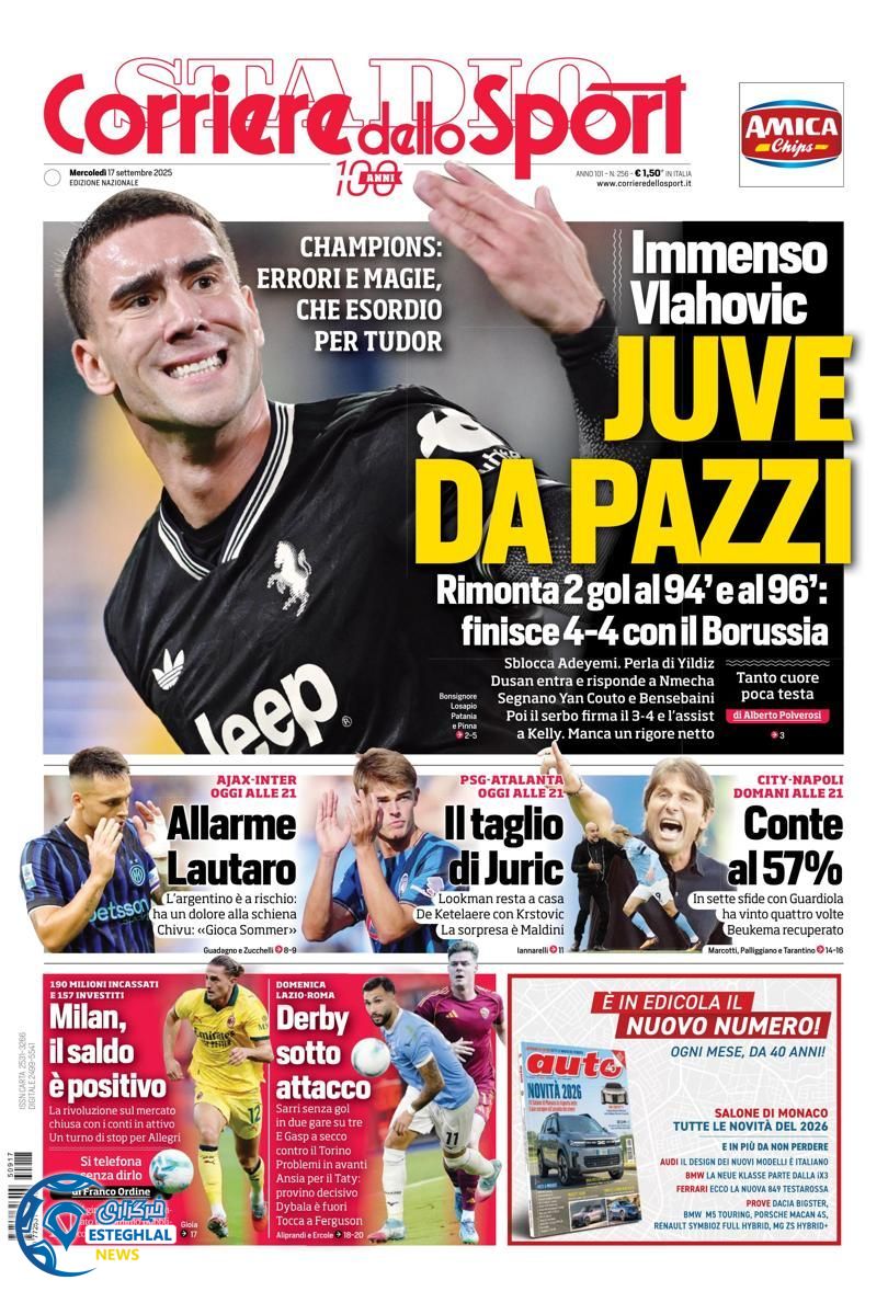 روزنامه ورزشی کوریره دلو اسپورت چهارشنبه 26 شهریور 1404 