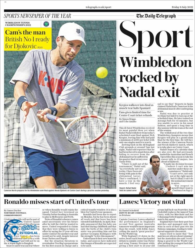 روزنامه ورزشی تلگراف اسپورت جمعه 17 تیر 1401