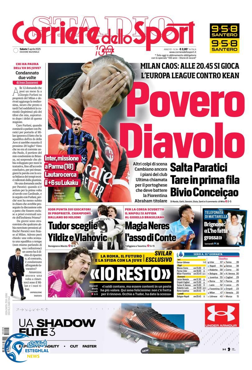 روزنامه  ورزشی کوریره دلو اسپورت شنبه 16 فروردین 1404 