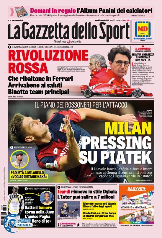 روزنامه ورزشی گاتزتا دلو اسپورت دوشنبه 17 دی 1397