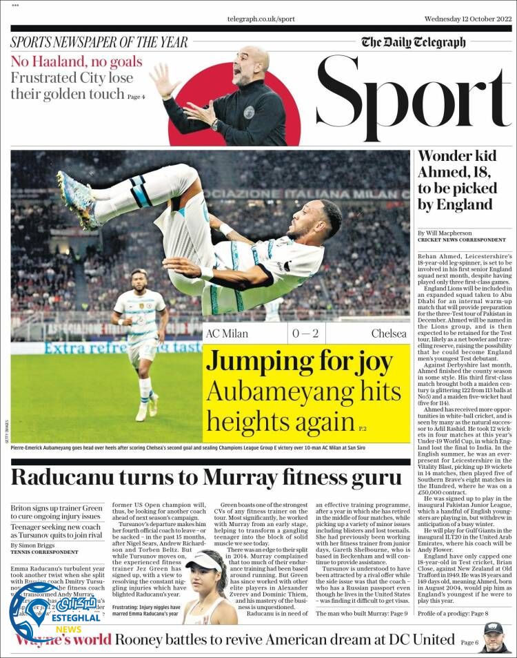 روزنامه ورزشی تلگراف اسپورت چهارشنبه 20 مهر 1401 