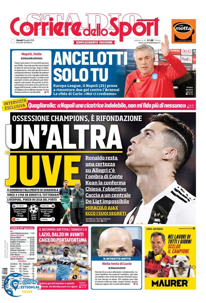 روزنامه ورزشی کوریره دلو اسپورت پنجشنبه 29 فروردین 1398