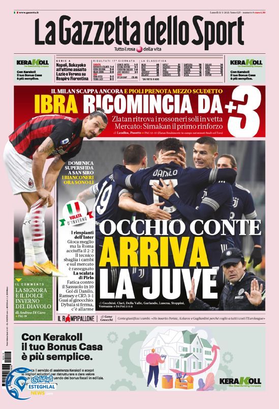 روزنامه ورزشی گاتزتا دلو اسپورت دوشنبه 22 دی 1399