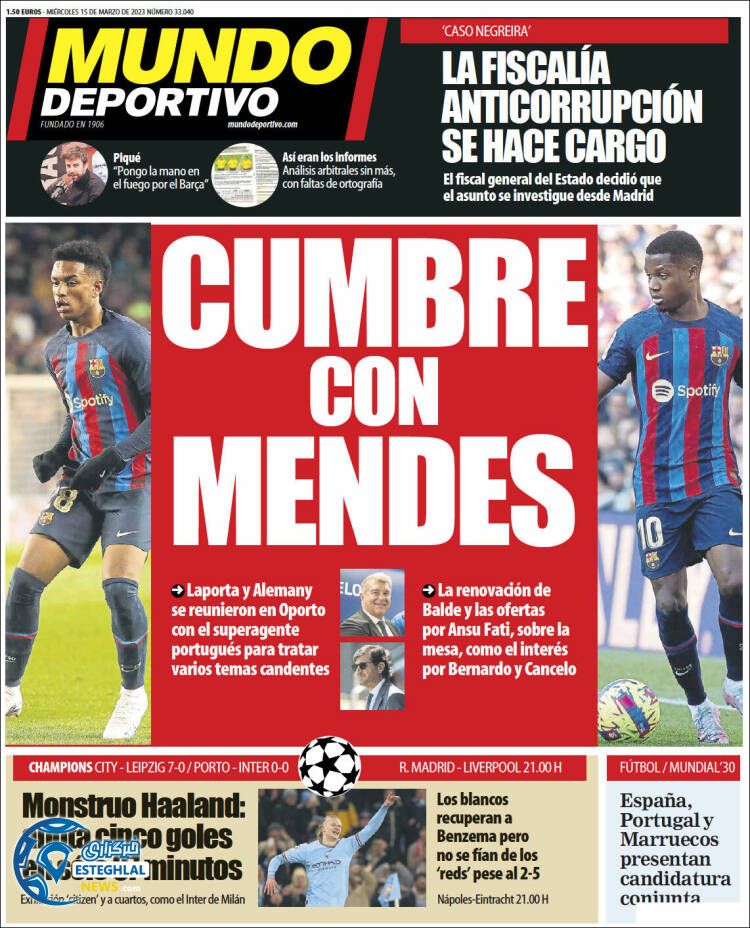 روزنامه ورزشی موندو دپورتیوو چهارشنبه 24 اسفند 1401 