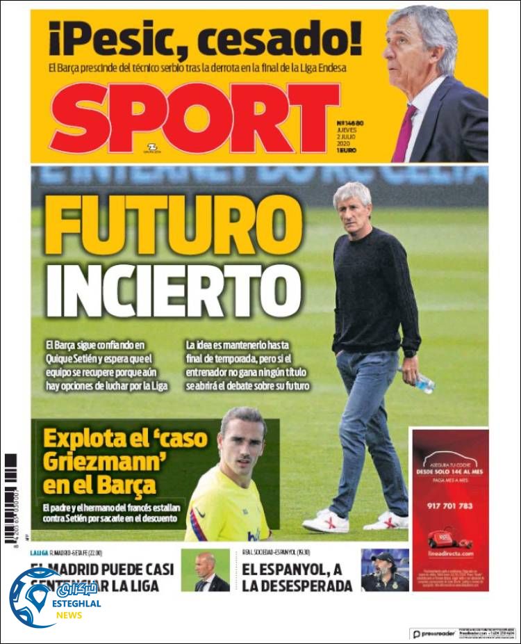 روزنامه ورزشی اسپورت پنجشنبه 12 تیر 1399