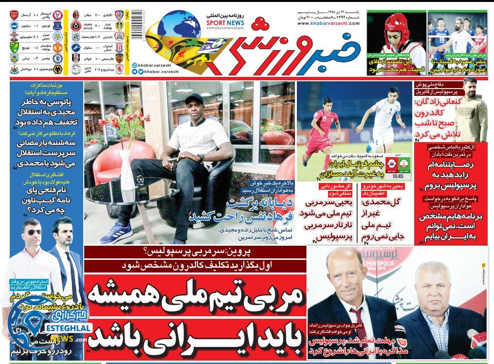 روزنامه خبر ورزشی یکشنبه 22 دی 1398         