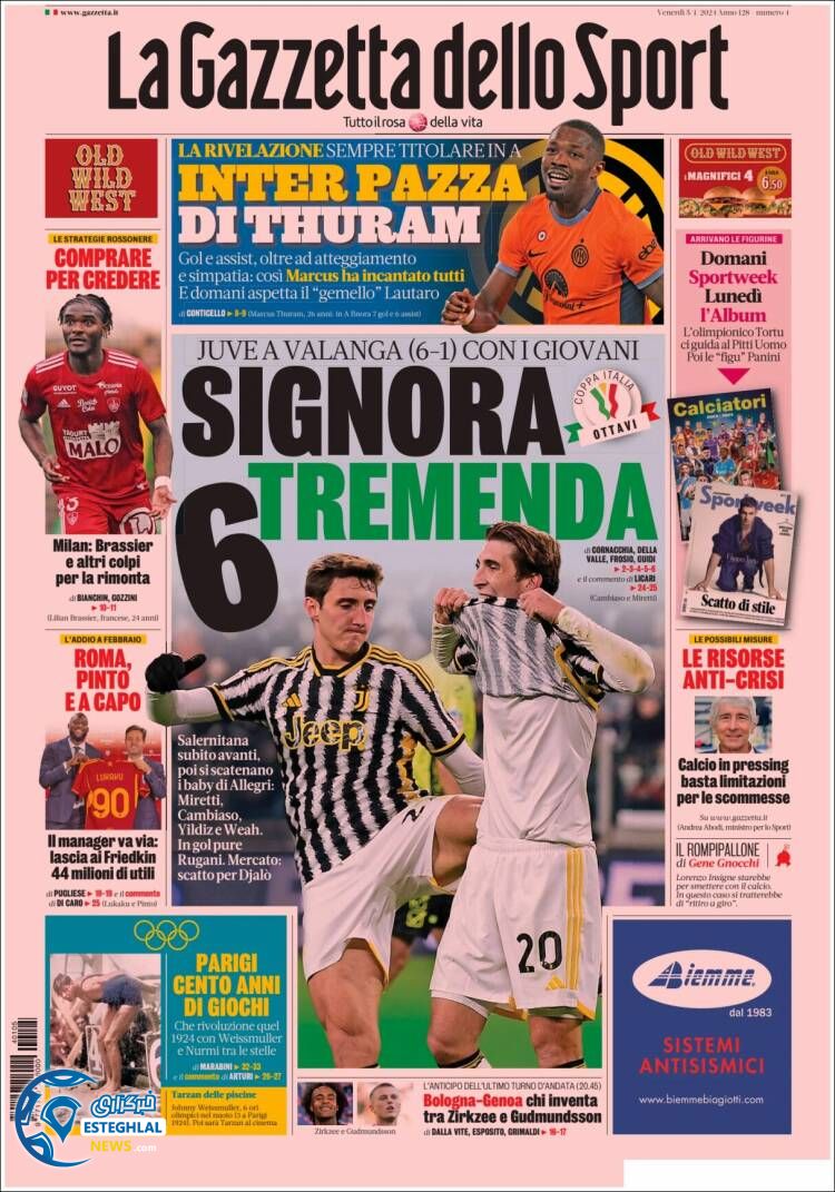 روزنامه ورزشی گاتزتا دلو اسپورت جمعه 15 دی 1402 