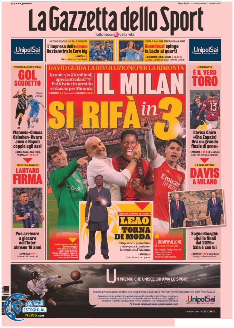 روزنامه ورزشی گاتزتا دلو اسپورت چهارشنبه 15 آذر 1402 