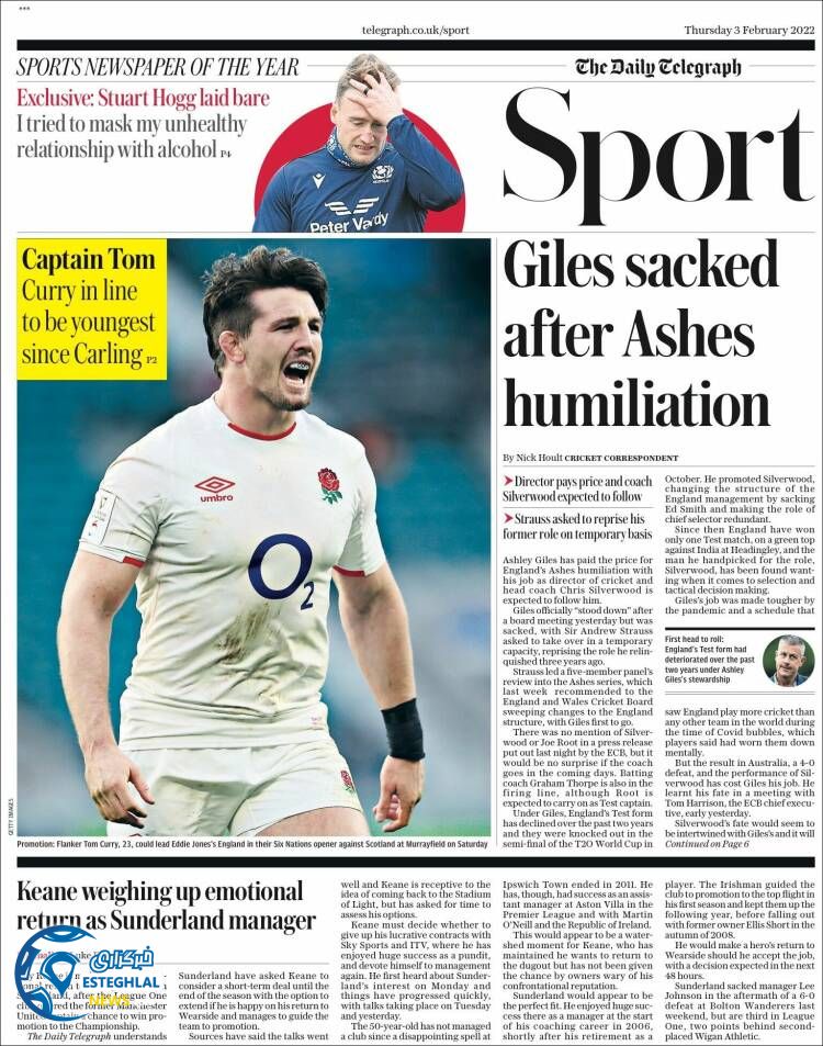 روزنامه ورزشی تلگراف اسپورت پنجشنبه 14 بهمن 1400