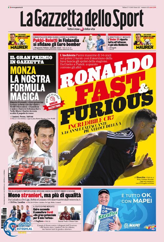 روزنامه ورزشی گاتزتا ئلو اسپورت شنبه 16 شهریور 1398