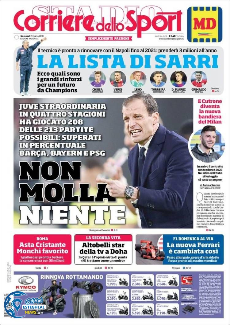 روزنامه ورزشی کوریره دلو اسپورت چهارشنبه 1 فروردین 1397