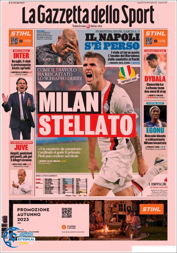 روزنامه ورزشی گاتزتا دلو اسپورت دوشنبه 17 مهر 1402 