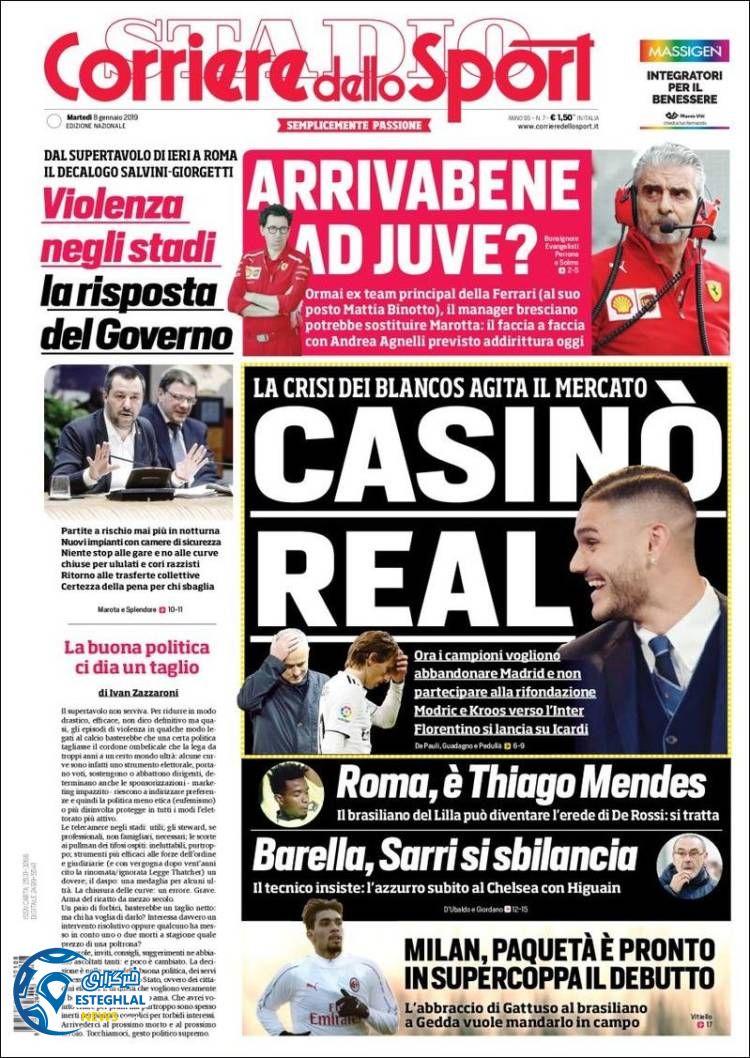 روزنامه ورزشی کوریره دلو اسپورت سه شنبه 18 دی 1397