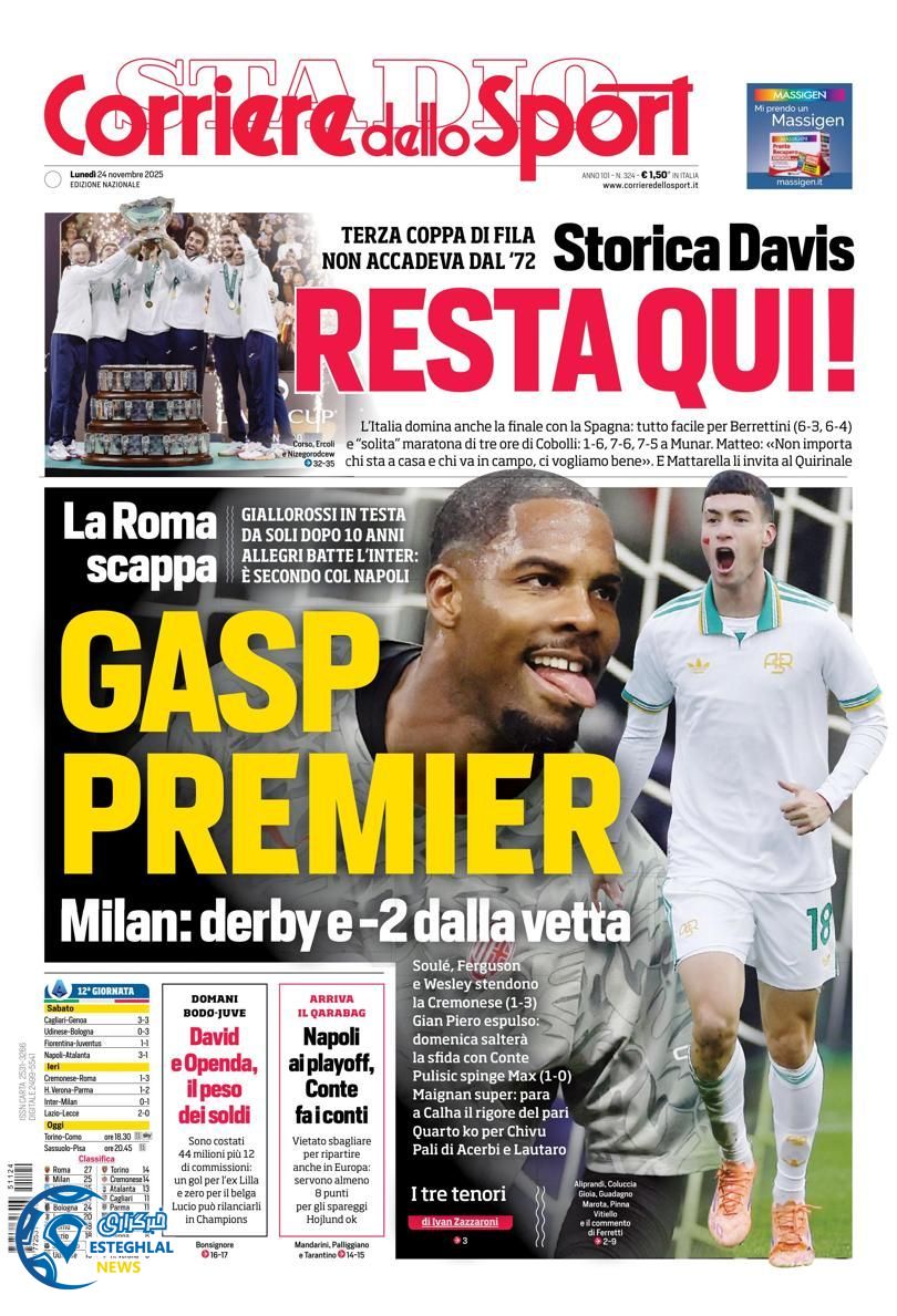 روزنامه  ورزشی کوریره دلو اسپورت دوشنبه 3 آذر 1404 