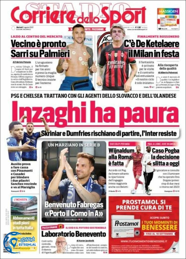 Corriere Delo Sport sports newspaper on Tuesday, August 11, 1401