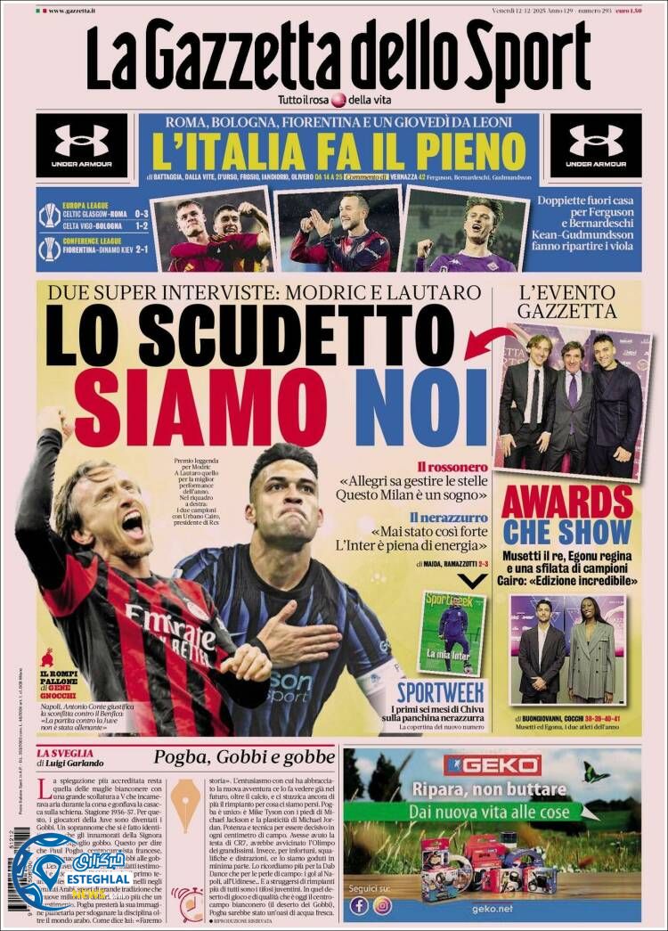 روزنامه  ورزشی گاتزتا دلو اسپورت جمعه 21 آذر 1404 