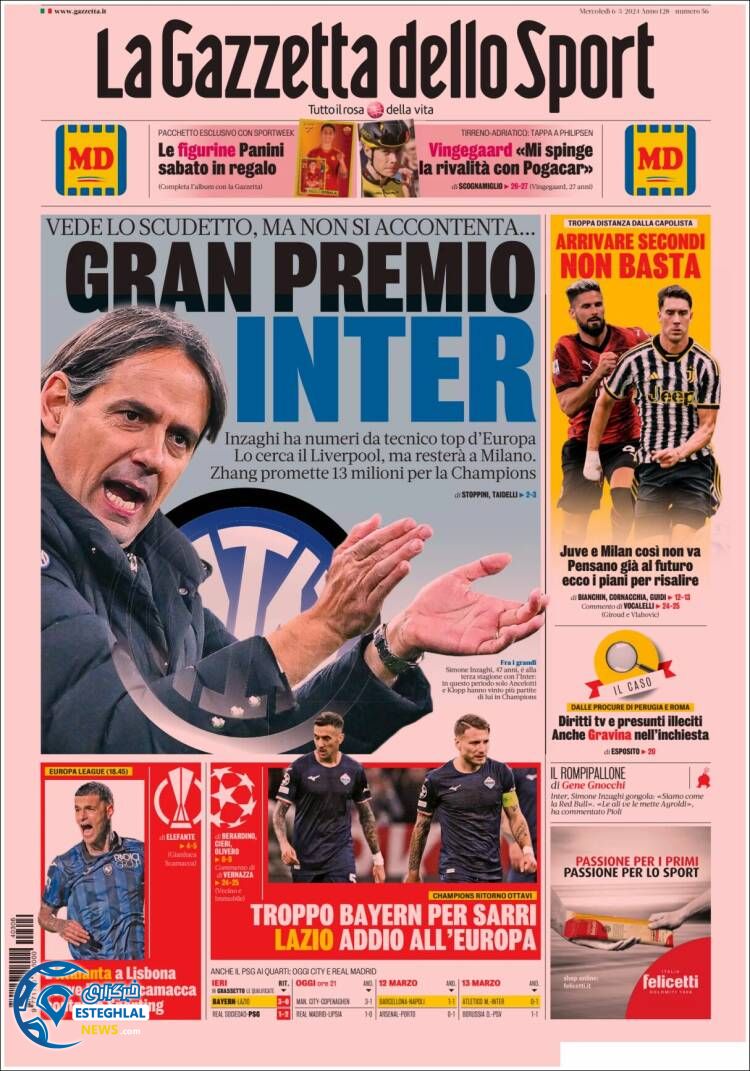 روزنامه  ورزشی گاتزتا دلو اسپورت چهارشنبه 16 اسفند 1402 