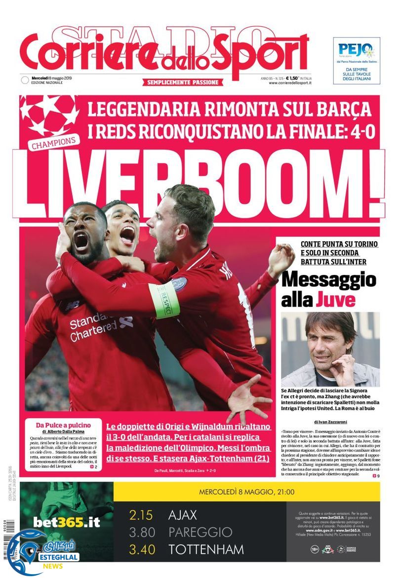 روزنامه ورزشی کوریره دلو اسپورت چهارشنبه 18 اردیبهشت 1398