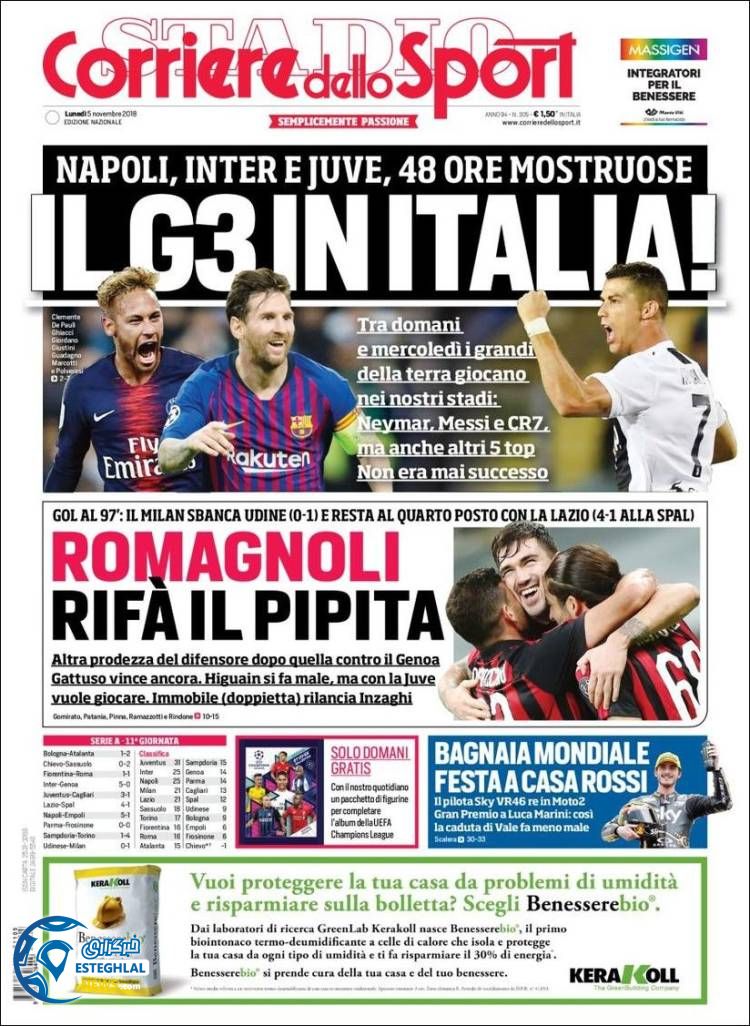 روزنامه ورزشی کوریره دلو اسپورت دوشنبه 14 آبان 1397