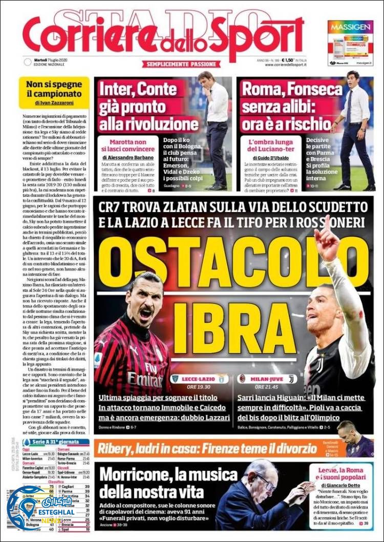 روزنامه ورزشی کوریره دلو اسپورت سه شنبه 17 تیر 1399